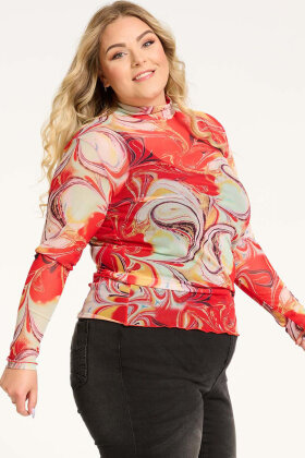 No.1 by OX - Wave Turtle Neck Mesh Bluse - Ruby Red