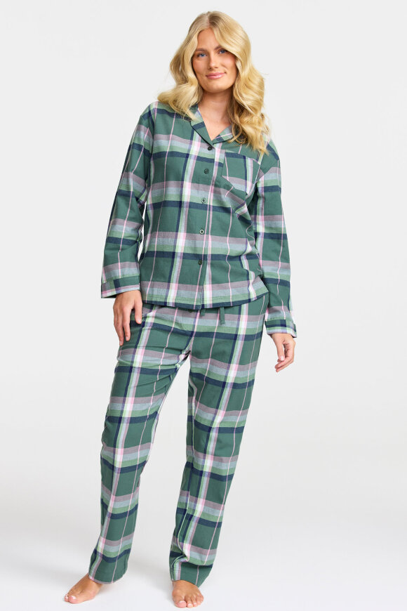 Damella - Flannel Pyjamas - Sæt - Ternet - Grøn